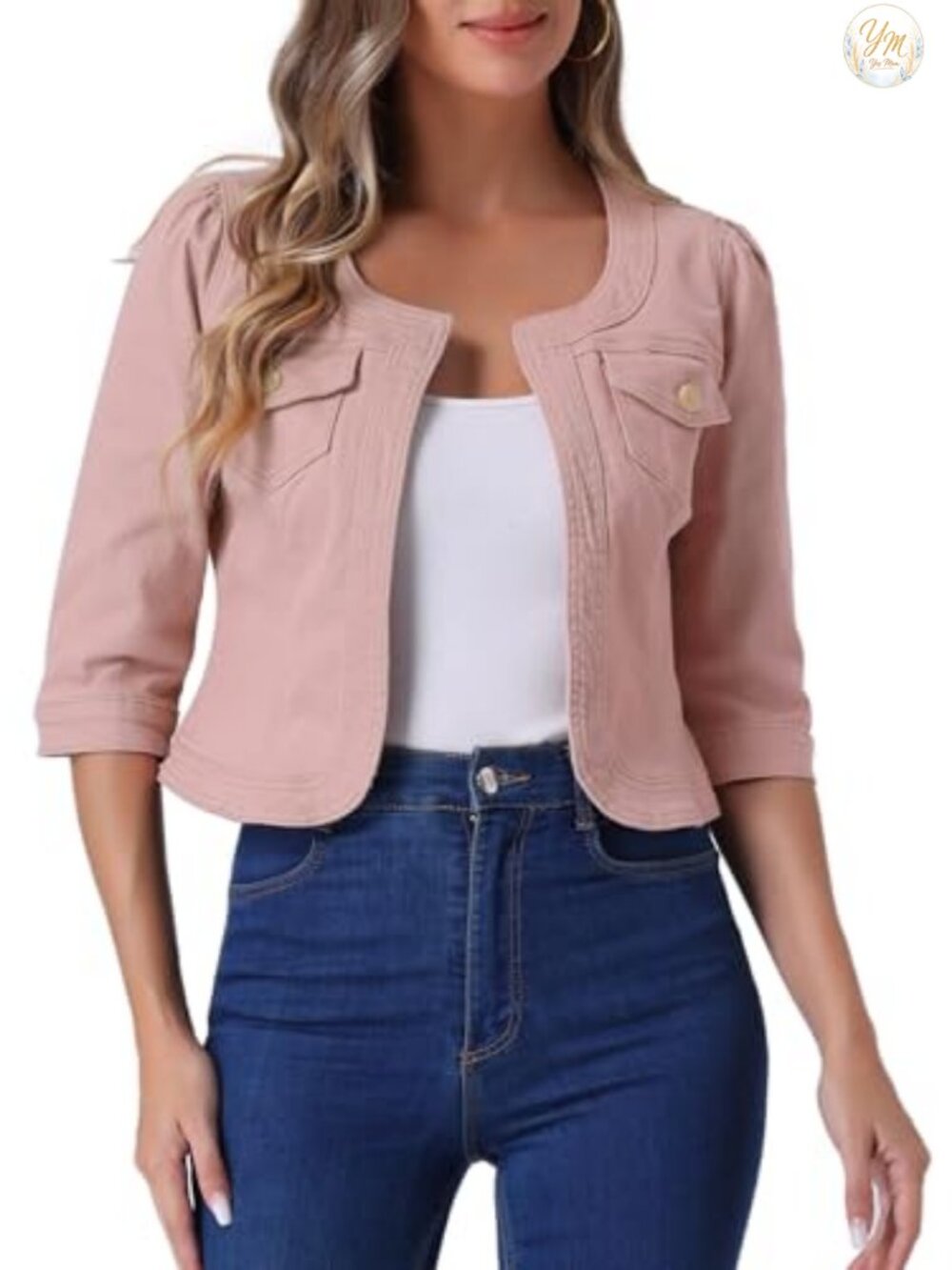 Women's Denim Cardigan 3/4 Sleeve Collarless Jean Jacket Casual Cotton Blend
